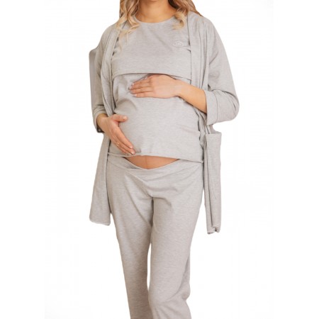 Комплект для беременных и кормящих (Укороченный халат, футболка, брюки) Рита Серый